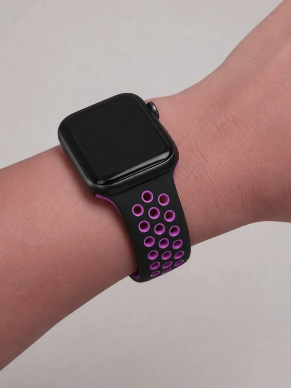 Sporty Replacement Band for Apple Watch Black Purple Silicone Perforated Strap L